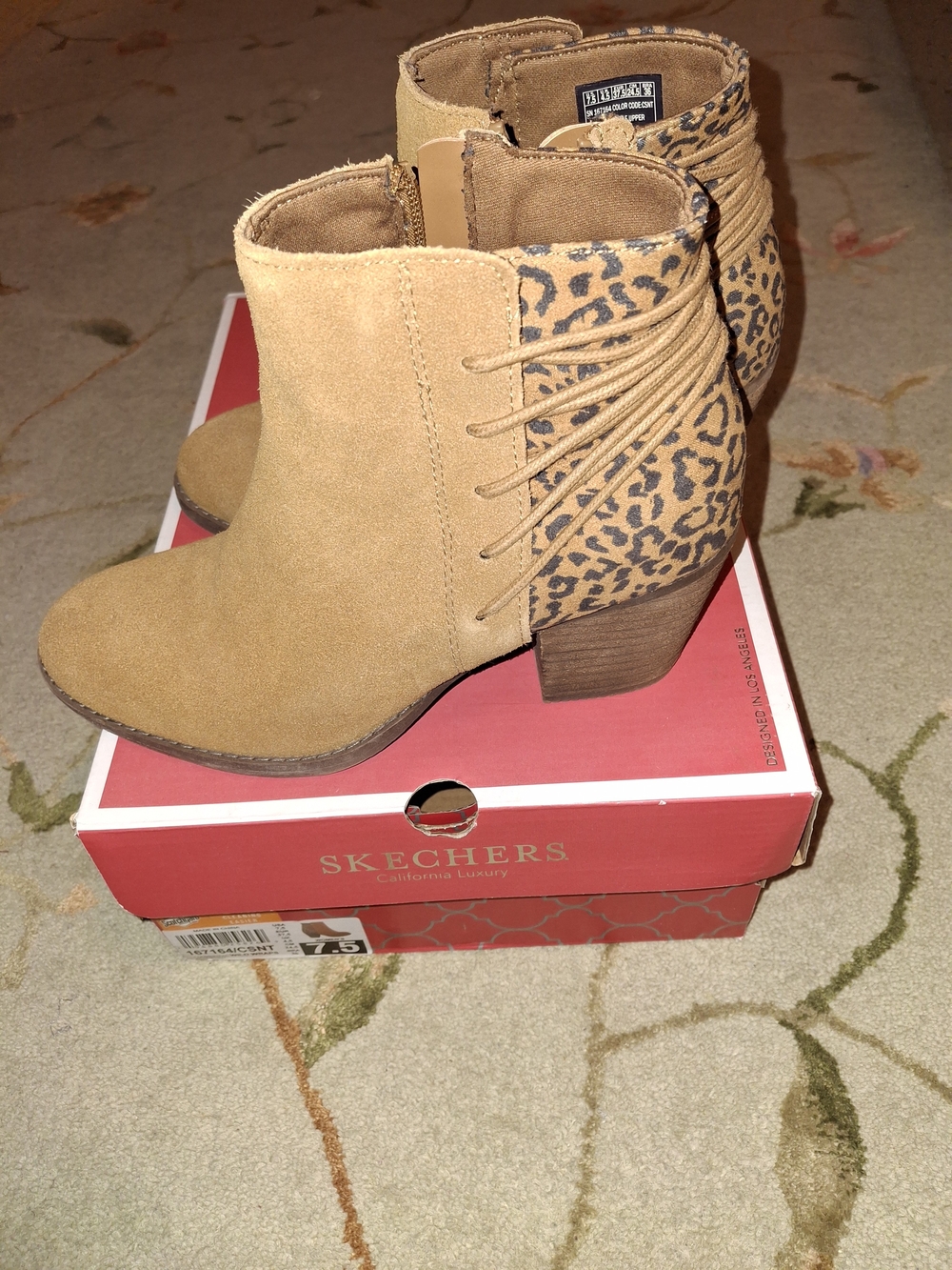 Skechers Tan Suede Ankle Boot with Leopard Accent